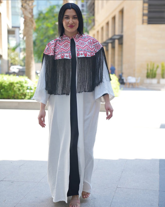 Embroidered White Abaya with Black Tassel Elegance